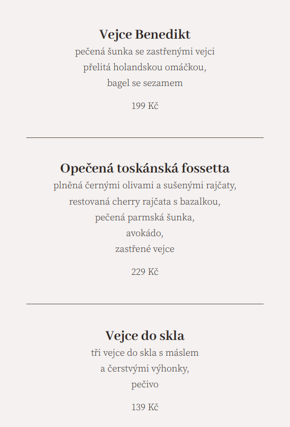 Hotel troyer snídaně menu